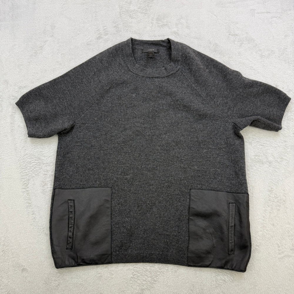 J Crew Sweater Womens Small Gray Merino Wool Short Sleeve Leather Pockets Preppy